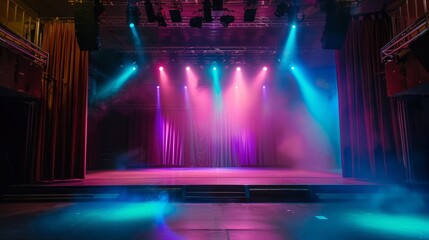 Obraz premium The stage lighting background of the theater, spotlights illuminated the stage. An empty stage, a dazzling stage under the spotlight: a visual feast is about to take place