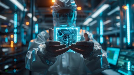 Engineer designing a modern electronics manufacturing facility in a sterile gown holds a microchip with symbols in a futuristic 3D illustration.
