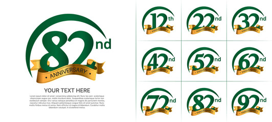 anniversary logotype set vector, green color with golden ribbon for special day celebration