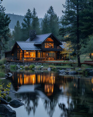 Fototapeta premium Picture an idyllic wooden cabin by a tranquil lake at dusk, surrounded by pine trees with warm lights. A peaceful retreat for nature lovers seeking serenity and reflection