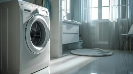 Real laundry room with home washing machine Modern washing machine and laundry in the bathroom.