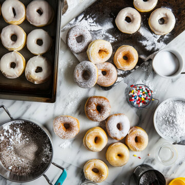 overhead shot donuts being made