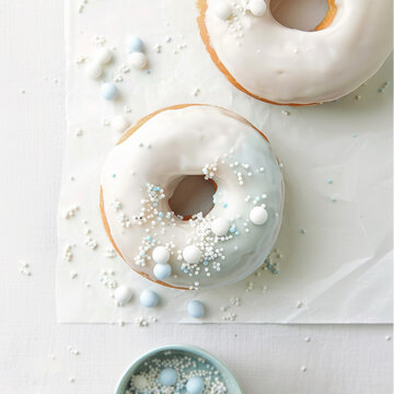 Vanilla donut with sprinkles and white frosting