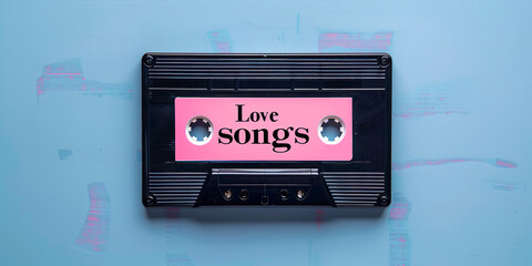 A cassette tape of love songs is placed on a worn blue surface. The ribbon is black and pink and the words "love songs" are written on it. Nostalgia and romance concept.
