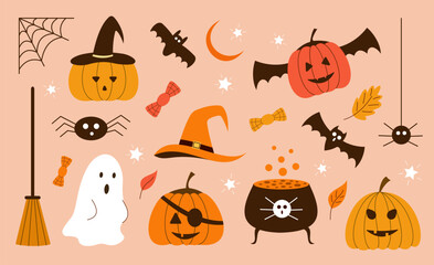 Halloween elements set. Pumpkin, cauldron, cobweb, ghost, cauldron, spider, broom. Flat vector illustration.