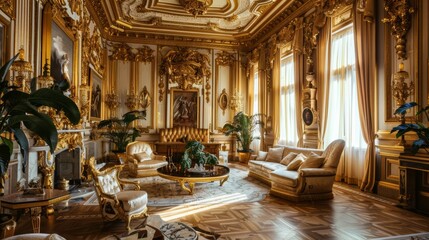 A luxurious interior room in the palace Golden classic interior with furniture and plants