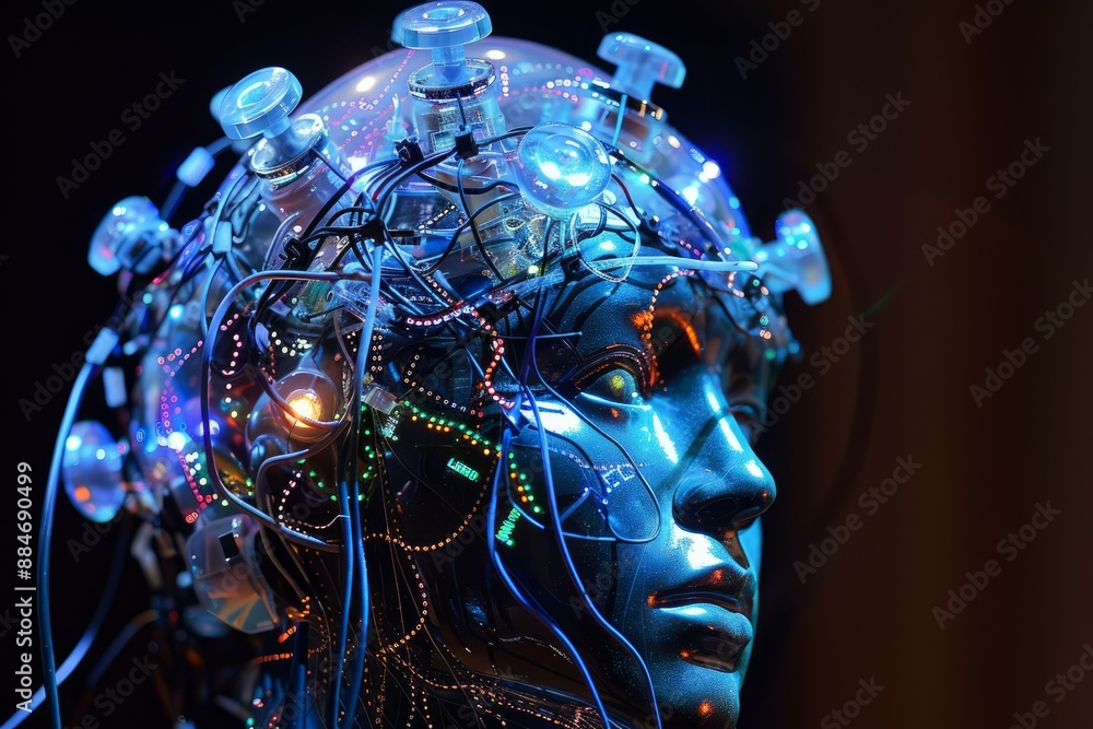 Aufkleber closeup of a robotic head with illuminated wires and technology, representing artificial intelligenc