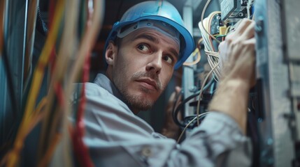 Electrician Man holding electric wires Guy finished installing the light panel. Electrician in gray overalls Electrical expert. Male electrician in