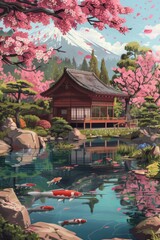 Fototapeta premium Japanese garden with cherry blossoms, koi pond, and traditional house against Mount Fuji backdrop.