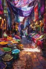 Fototapeta premium Vibrant market in a Moroccan bazaar with colorful stalls and spices