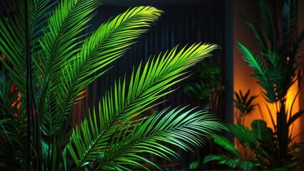 Fototapeta premium Lush Green Palm Leaves in a Dark Interior.