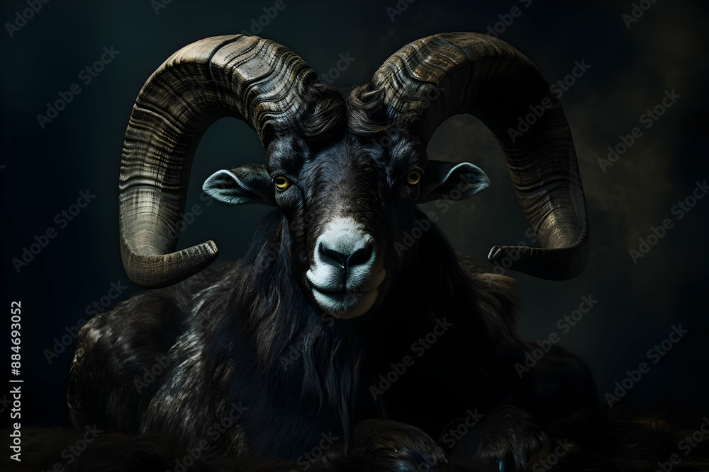 Sticker Majestic Black Ram with Curved Horns