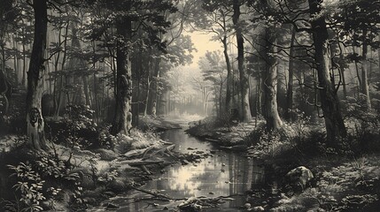Engraving-style scene featuring diverse trees, undergrowth, and a meandering stream: rich, natural backdrop.