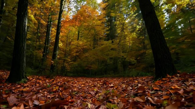 Vibrant autumn forest floor carpeted with fallen leaves. Ground-level view slowly transitions deeper into woods, revealing towering trees with sun-dappled foliage in rich reds, oranges, and greens.	