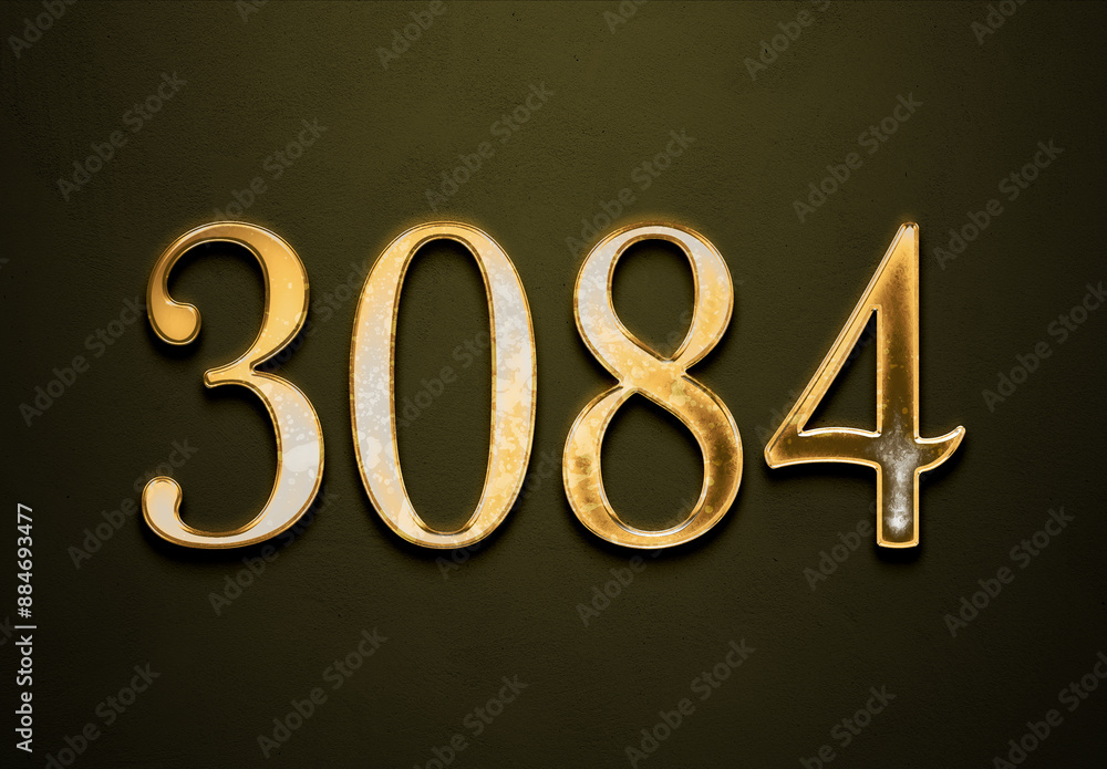 Sticker old gold effect of 3084 number with 3d glossy style mockup.