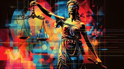 Geometric shapes and bold colors depict Lady Justice, scales, and gavel in contemporary background.