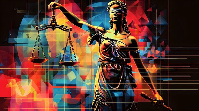 Geometric shapes and bold colors depict Lady Justice, scales, and gavel in contemporary background.