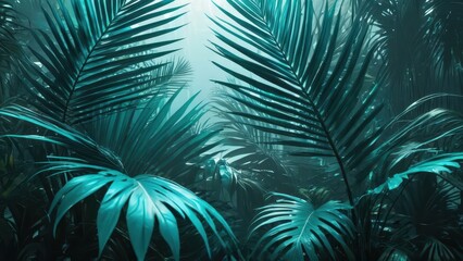 Tropical Jungle Leaves in Fog.
