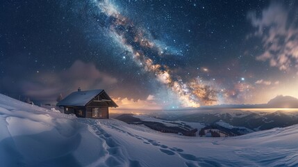 Milky Way over the mountains at night in winter Picturesque winter mountain landscape with small houses, clouds and starry sky with the Milky Way.