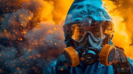  Professional construction worker wearing a high-grade dust mask, surrounded by lot of floating particles of glass wool dust in a construction site 