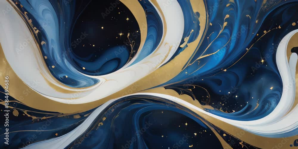 Poster flowing elegant blue and gold abstract art background with swirling patterns.