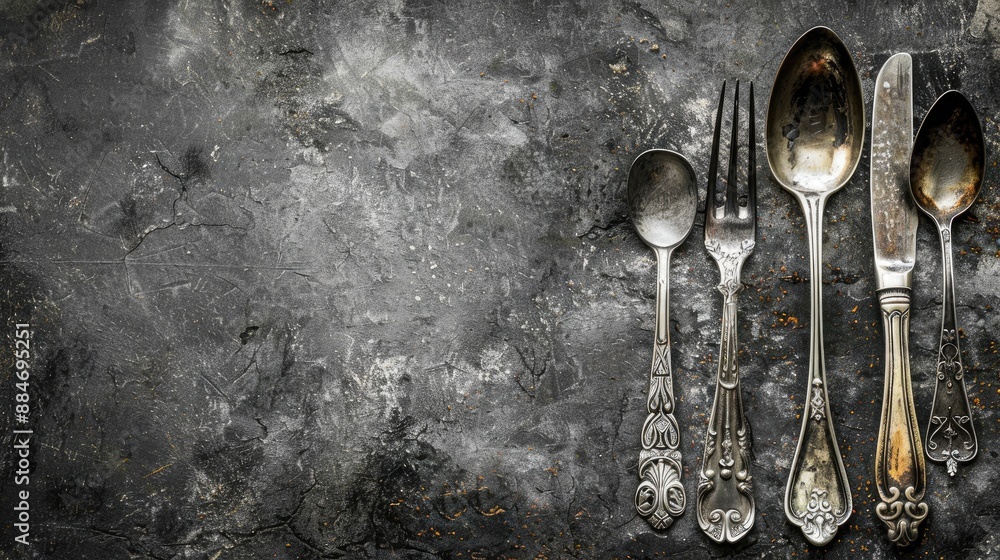 Aufkleber antique silverware on dark rustic surface top view with space for text