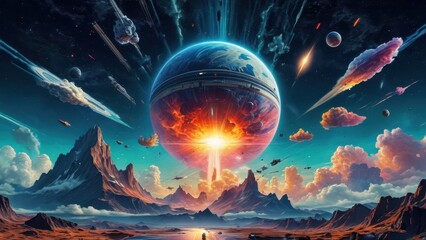 Alien Planet With Bright Light Eruption.