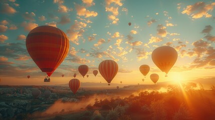 Naklejka premium Puffy cumulus clouds forming a backdrop for hot air balloons in a clear sky, in 4K.