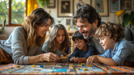 A family of four playing a board game together
