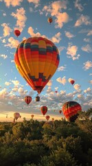 Puffy cumulus clouds forming a backdrop for hot air balloons in a clear sky, in 4K.