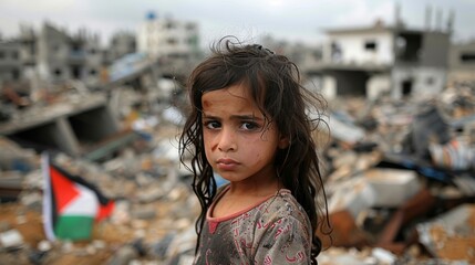 Palestinian child holding flag amidst ruins, gazing sadly at camera in dusty environment