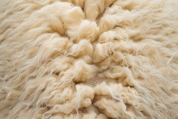 White natural sheep wool background.  Closeup plush cotton light cream texture of fluffy fur. Warm and cozy fleece. Natural organic textile or material