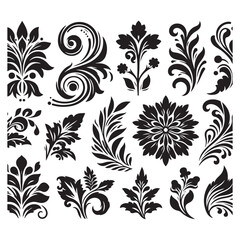 Silhouette of a set floral design with thick outline side view isolated, no text, no shadow