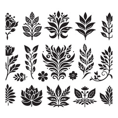Silhouette of a set floral design with thick outline side view isolated, no text, no shadow