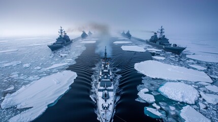 Navy patrol unit. Warships sailing in the icy Arctic waters Arctic navy maneuvers The frigate moved in formation.