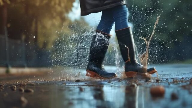 A close-up scene of a person, likely a young adult, wearing black boots splashing through a puddle on a rainy day. The blurred background features trees and a dreary atmosphere, suggesting overcast