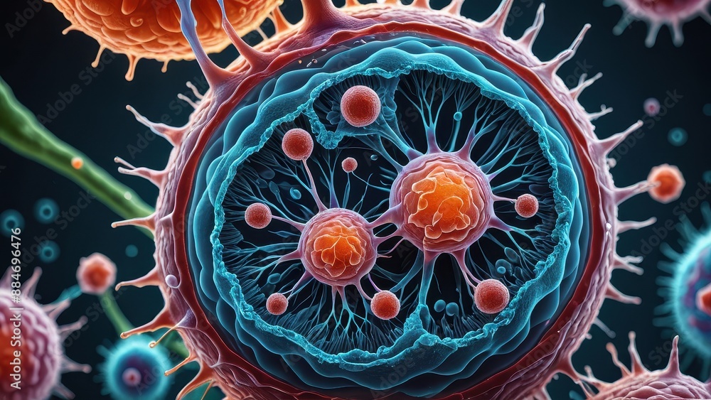 Aufkleber microscopic view of a cell with virus particles.