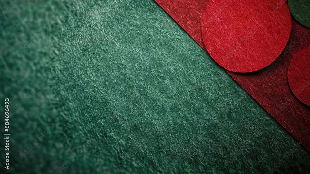 Poster Green Textured Paper with Christmas Bokeh Stripe and Red Green Bokeh Macro Blank for Business Card or Menu Design
