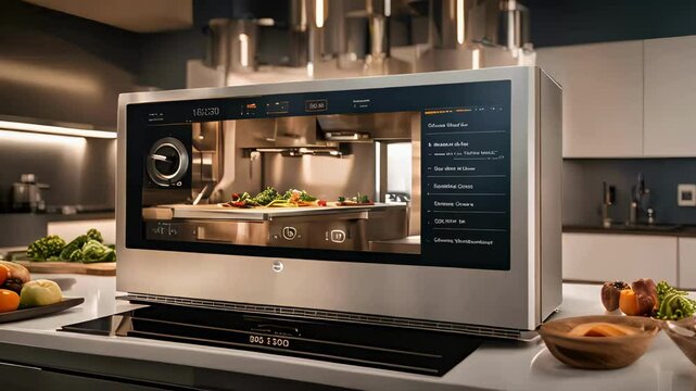 High-tech smart oven in a modern kitchen with a digital interface.