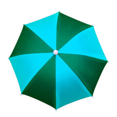 Blue umbrella with dark blue stripes, blank on white background, top view photo.