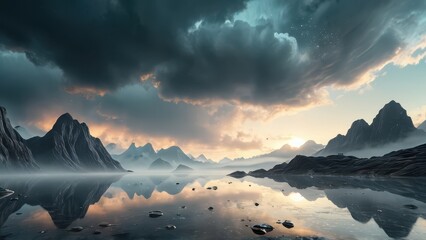 Mountain Reflection in a Still Lake at Sunset.