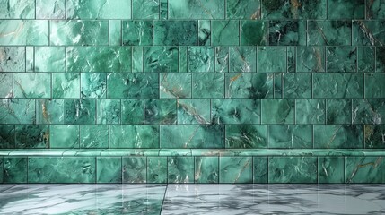 A clean white marble surface on a background of mint green tiles, creating an abstract and contemporary setting for product displays, advertisements, and design showcases."