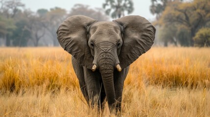 Fototapeta premium Majestic elephant in its natural safari habitat against a blurred background of the wilderness