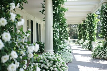Fototapeta premium Serene view of a white columned porch alongside a blooming garden walkway