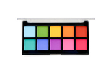 Palette with colorful eyeshadows on white background