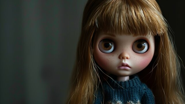 Blythe doll showcasing long light brown hair, bangs, hazel eyes, and charming pink lips