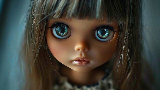 Blythe doll with long light brown hair, bangs, hazel eyes, and pink lips   charming features