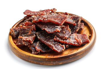 Board and plate of tasty Jerky with on white background.