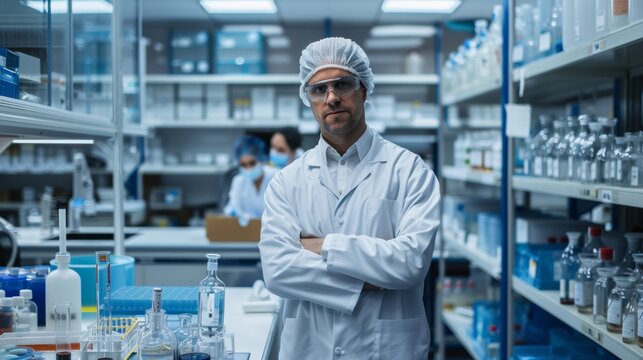 Scientists in a vertical pharmaceutical factory work on experimental plant processes. A doctor doing research in the pharmaceutical industry looked up and smiled.