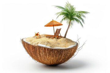 A creative tropical beach scene composed of a coconut fruit transformed into a mini beach with a sun umbrella